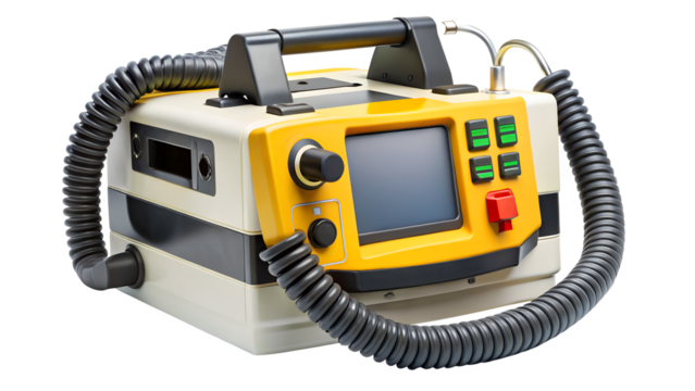 Modern portable defibrillator isolated on transparent background, a vital medical device used to deliver controlled electrical shocks to restore heart rhythm
