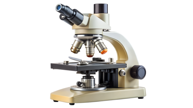 Laboratory microscope isolated on transparent background, an essential tool for scientific research and medical diagnostics in various fields of study