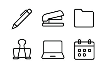 Black Line Office Icons. Office icons icons in outline style: red pen, stapler, folder, binder clip, laptop, calendar