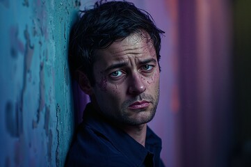 Fototapeta premium Man leaning against wall looking upset in dimly lit urban setting 
