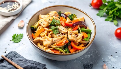 Noodles and vegetables served in a white bowl on a gray surface with herbs