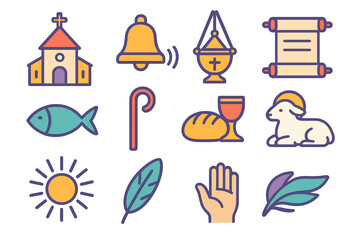 Fototapeta premium Holy Icon Set. Holy icon in modern flat vector : church, bell, incense, scroll, fish, shepherd’s staff, bread, wine, lamb, sunburst, feather, open
