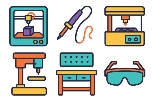 Modern Maker Space Icons. Maker space in modern flat vector : 3D printer, soldering iron, laser cutter, drill press, workbench, safety goggles. .