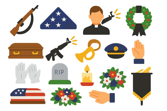 Military Funeral Tribute. Funeral honors in modern flat vector : ceremonial rifle, folded flag, bugle, mourning sash, wreath, casket, rifle volley,