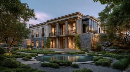 Fototapeta premium Luxurious house blends classical architecture with modern design, featuring stone cladding, large windows, tall columns,