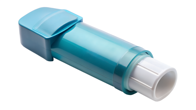Asthma inhaler isolated on transparent background, a medical device used to deliver medication into the lungs, providing relief from asthma symptoms
