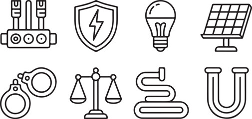 A versatile collection of crisp monochrome line art icons illustrating concepts of technology, law, energy, and industry