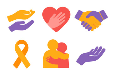 Vibrant Support Icons. Support symbols in modern flat vector : helping hands, heart with hand, handshake, support ribbon, hug icon, open palm. .