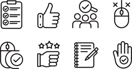 A set of minimalist line art icons representing customer feedback, quality control, survey results, and user satisfaction