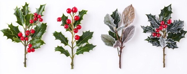 Four realistic holly branches with red berries and frosted leaves on white background