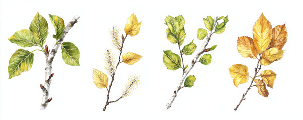 Illustration of birch tree branches showing seasonal changes with green, yellow, and autumn leaves