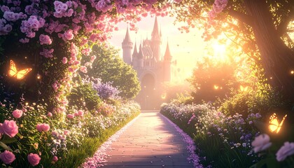 Fairytale garden path leading to castle