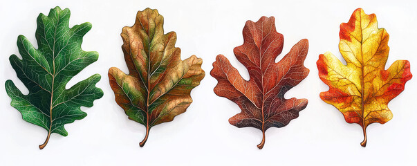 Four realistic oak leaves in different seasonal colors, from green to yellow, on white background