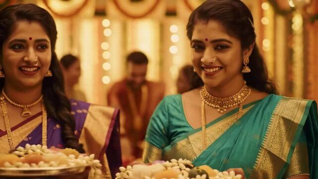 Two smiling Indian women in saris hold trays of sweets at a wedding ceremony, with a decorated background.