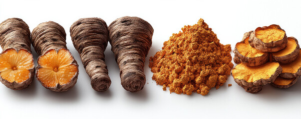 Dried turmeric roots, sliced turmeric, and ground turmeric powder displayed on white background