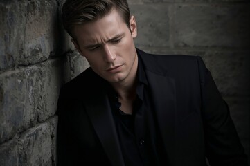 Man leaning against wall looking upset in dark suit  