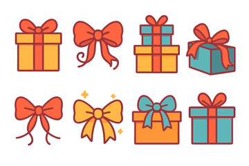Festive Gift Icons. Festive bow in modern flat vector : gift with ribbon, curly bow, stacked gifts with bows, open box with ribbon, tied strands,