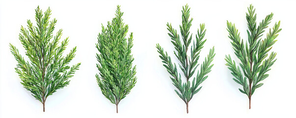 Four realistic illustrations of different green conifer branches on white background
