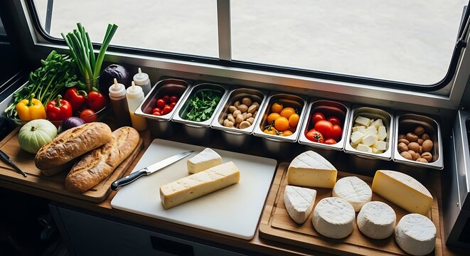 Fresh, colorful vegetables, gourmet cheeses, and rustic bread, meticulously arranged and ready for culinary creation within a modern mobile food service setup