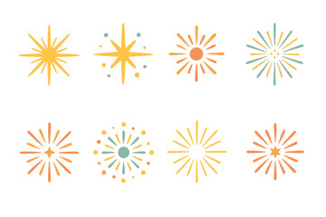 Vibrant Firework Icons. Sky burst in modern flat vector : glowing starburst, round explosion, sparkling flare, cluster of sparks, radiant light,