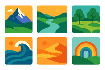 Fototapeta premium Vibrant Nature Icons. Nature freedom in modern flat vector : mountain peak, wide river, open meadow, ocean wave, desert dune, forest clearing, starry