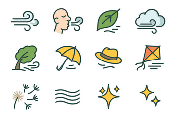 Obraz premium Wind Gust Icons. Basic wind gust set icons in modern isometric flat : wind swirl, blowing face, flying leaf, cloud with wind, tree bending, umbrella
