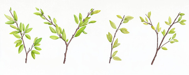 Realistic illustration of four green leafy branches with varying shapes and sizes on white background