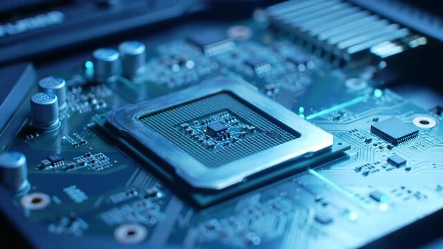 Close up cpu processor on motherboard with blue light