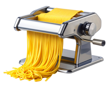 Pasta Machine Extruding Fresh Yellow Noodles, Isolated PNG