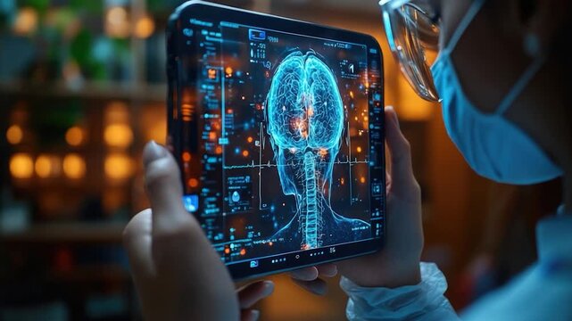 A person wearing a face mask examines a computerized tomography (CT) scan of the human brain