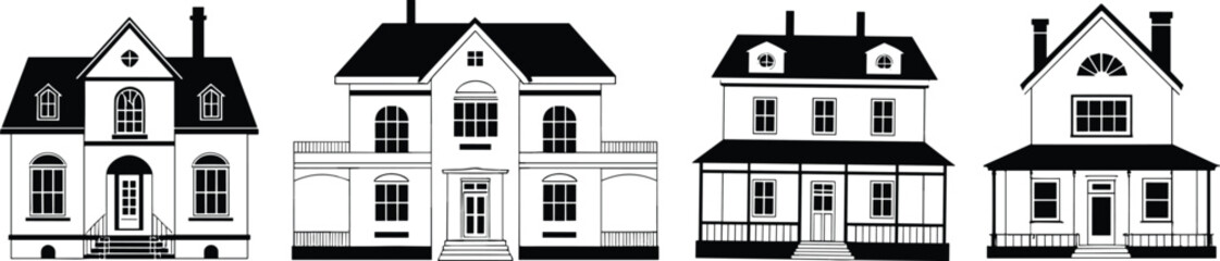 House illustrations, architectural styles, black and white, residential design, pitched roof, porch details, chimney feature, colonial home, modern facade, graphic icon