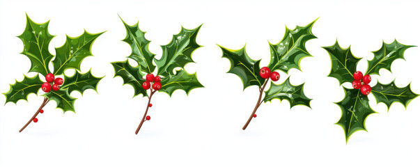 Realistic illustration of four holly branches with green leaves and red berries, symbolizing Christmas