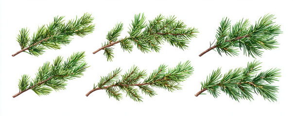 Realistic illustration of six green pine tree branches with detailed needles on white background