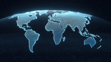 Naklejka premium Digital representation of the world map with glowing dots against a dark background.