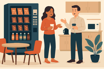 Coworkers chatting and enjoying snacks and drinks from a vending machine in a modern office break room