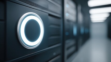 Abstract view of a high-tech server room with illuminated circular components.