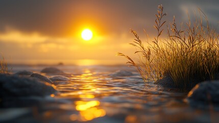 Sunset over the sea at the rocky shore with golden light