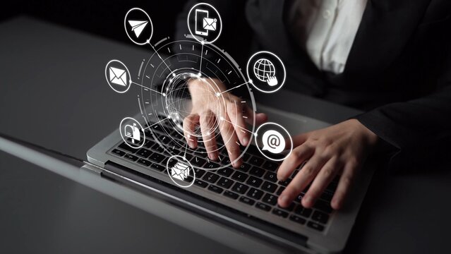 Email icons show digital communication, email service, and inbox management. Email supports online messaging, email notification, and secure exchange. Funnel