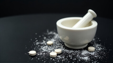 Pharmacy Mortar and Pills on Black Background