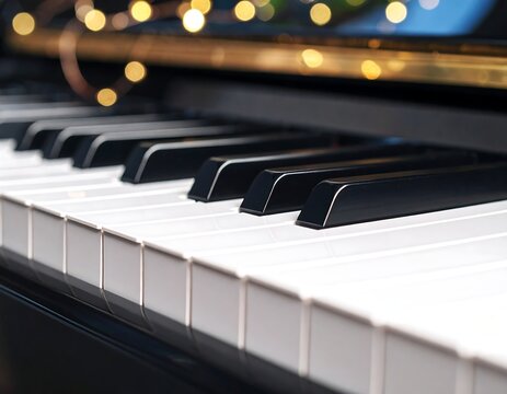 Close-up piano keys, blurred lights - Powered by Adobe