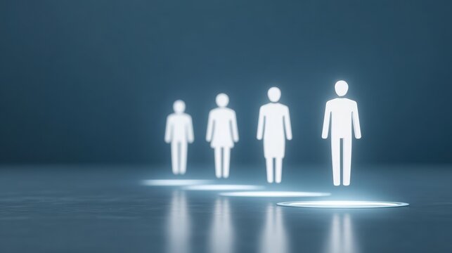 Abstract figures of people illuminated in a dark space, symbolizing diversity and unity.