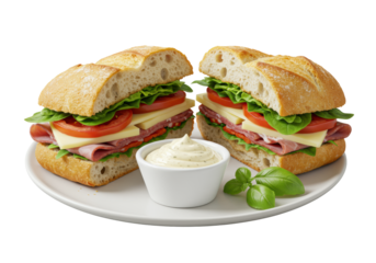 Gourmet baguette sandwich with cured meats, aged cheese, greens, basil, truffle aioli on white plate, transparent background, commercial food photography concept