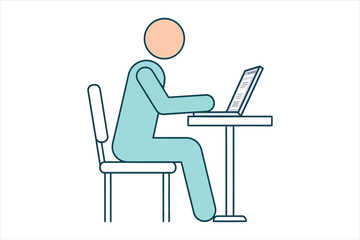 Vector art of a person is working on a laptop, sitting at a table, the image shows a simple, clean design of a person using technology for work or leisure