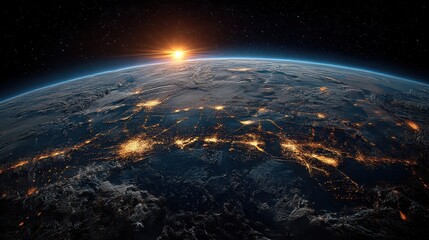 Fototapeta premium Sunrise over Earth shows glowing city lights and vast landscapes from space at dawn