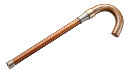 Elegant brown wooden walking stick with a curved handle, a mobility aid for seniors, isolated on transparent background, offering support and balance