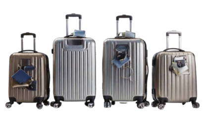 Four Silver Luggage Bags with Lifestyle Props.