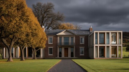 Fototapeta premium A large elegant house blends classical and modern architecture with red brick, symmetrical design, central entrance,