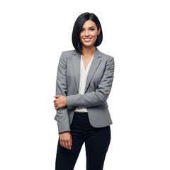 Obraz premium Smiling professional woman in a gray blazer and dark pants isolated on transparent background