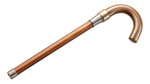 Elegant brown wooden walking stick with a curved handle, a mobility aid for seniors, isolated on transparent background, offering support and balance