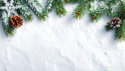 Christmas white background with snow and christmas tree branch, flat lay, top view